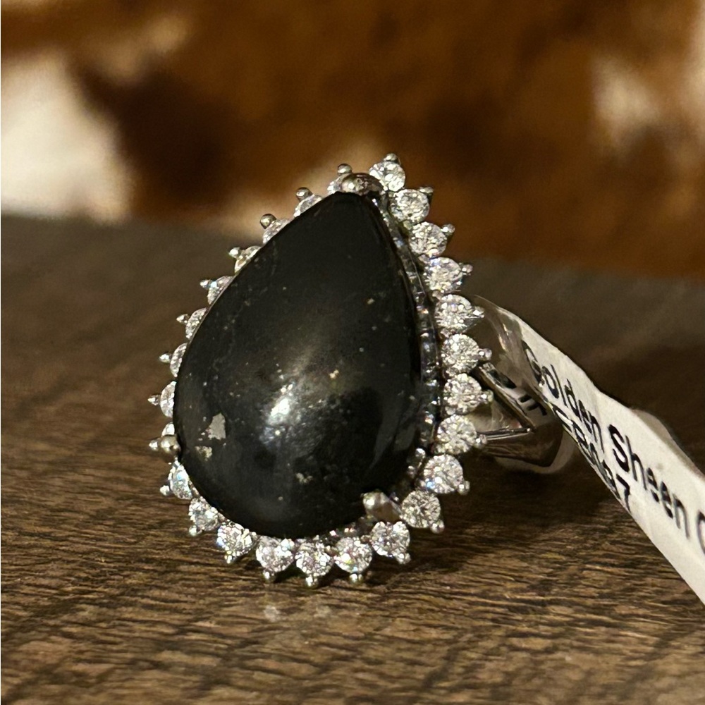 Golden sheen obsidian .925 sterling silver size 6 tear drop ring